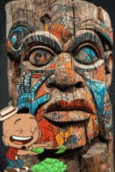 a cartoon character is holding a pile of money in front of a statue