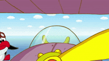 a cartoon character is flying a plane with a purple roof