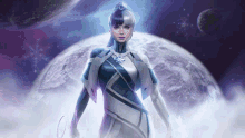 a woman in a futuristic costume is standing in front of a planet in space .