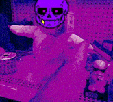 a purple cartoon character is sitting on a shelf with a purple background .