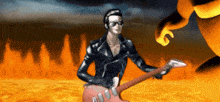 a man in a leather jacket is playing a guitar in front of a fire background