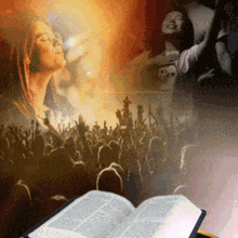an open bible with a picture of a woman and a crowd behind it