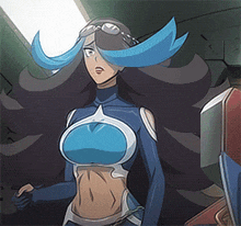 a cartoon character with long black hair and blue highlights