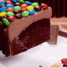 a slice of cake with m & m 's on top