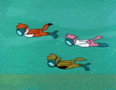 three cartoon animals are swimming in the water .