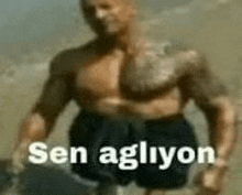 a shirtless man is standing on a beach with the words `` sen agliyon '' written on the bottom .