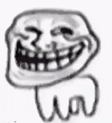 a black and white drawing of a troll face with a hand .