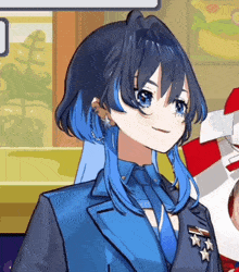 a girl with blue hair and earrings is wearing a blue jacket and tie