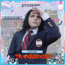 a picture of a man in a suit and tie with the words trans pride in red