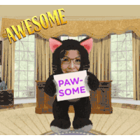 a woman in a cat costume is holding a sign that says paw some