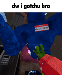 a blue monster has a name tag that says moon20391 on it
