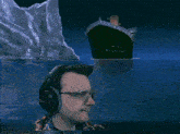 a man wearing headphones and glasses is looking at a boat
