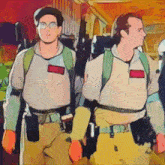 a cartoon drawing of a man with a red patch on his chest that says ' ghostbusters '