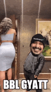 a man with a beard wearing a hat that says multivers on it is standing next to a woman
