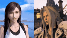 a woman with long hair is next to a man with long white hair