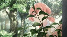 a girl with pink hair is peeking out from behind a tree