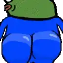 a cartoon frog with a big butt is wearing blue pants .