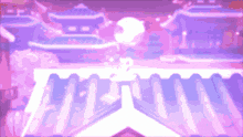 a purple and pink background with a few buildings