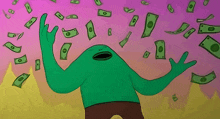 a green cartoon character is surrounded by money that says o on it