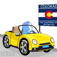 a cartoon penguin is driving a yellow car in front of a colorado sign