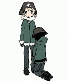 a drawing of a girl wearing a hat with a cross on it standing next to another girl kneeling down .