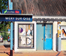 mery sur oise is written on a blue sign above a blue door