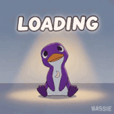 a purple penguin is sitting in front of a loading sign