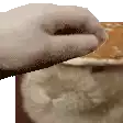 a person 's hand is reaching into a bowl of food next to a cat .