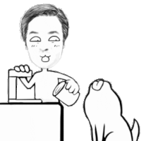 a black and white drawing of a man pouring something into a cat 's paw