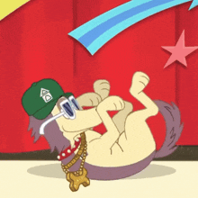 a cartoon dog wearing sunglasses and a hat with a house on it