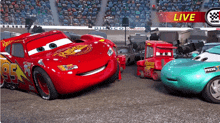 lightning mcqueen from the movie cars is surrounded by other cars and a sign that says live