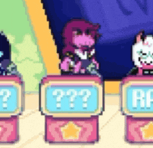 a cartoon character is standing next to a row of pink boxes with a question mark on them