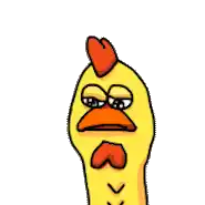 a yellow chicken with a red crest and a heart on its face
