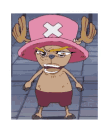 a cartoon character with a pink hat with an x on it