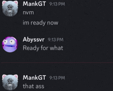 a screenshot of a discord conversation between mankgt and abyssvr