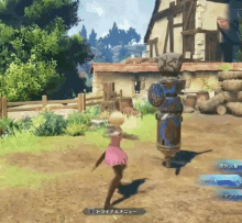 a girl in a pink skirt is standing next to a totem pole in a game