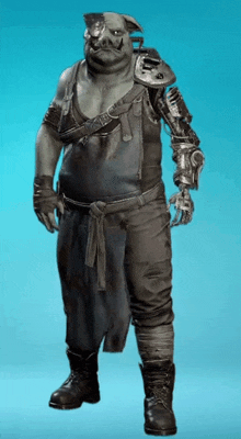 a man with a pig head and a robot arm is standing on a blue background