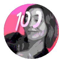 a woman 's face is in a pink circle with the number 100 above it