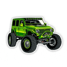a cartoon drawing of a green jeep with big tires