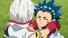 a boy with white hair and blue hair is standing next to another boy