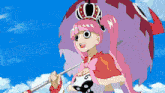 a girl with pink hair is holding an umbrella