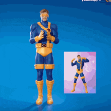 a cartoon of a man in a superhero costume standing on a blue background
