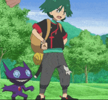 a boy with green hair is standing next to a purple monster with blue eyes