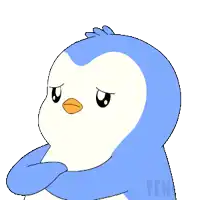 a blue and white penguin with its arms crossed and the word pen on the bottom right