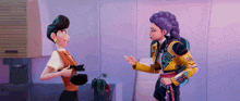 two cartoon characters are standing next to each other and one of them is wearing a yellow jacket with a dragon on the front
