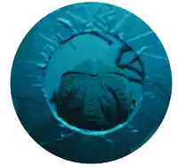 a person 's head is visible through a hole in a circle