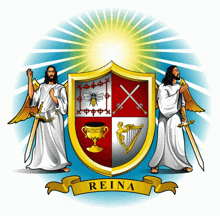a coat of arms with jesus and two angels and the word reina