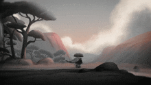 a person with an umbrella in a landscape with trees and rocks