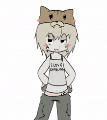 a cartoon character wearing a cat hat and a shirt that says i love gambling