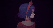 a girl with purple hair and a red headband giving a peace sign